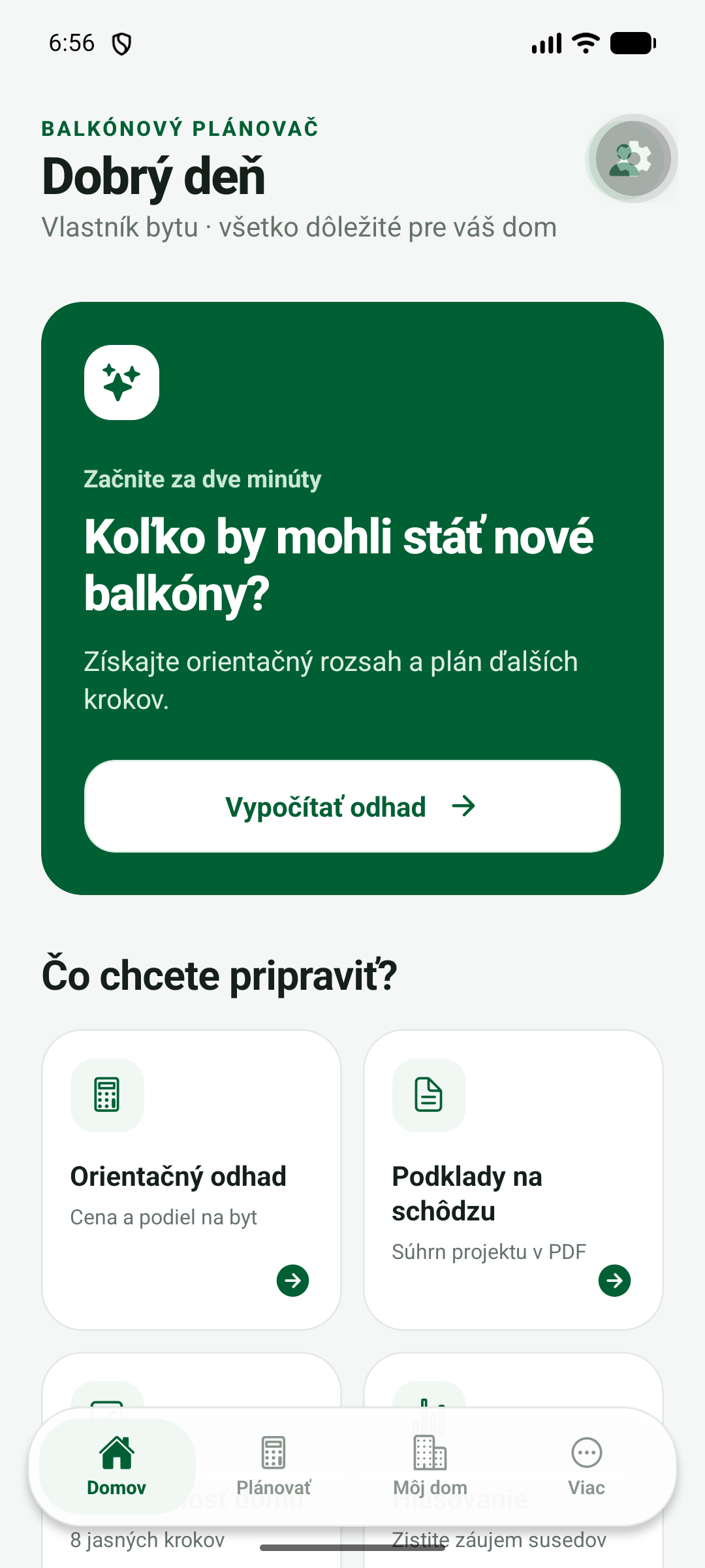 Domovská obrazovka aplikácie