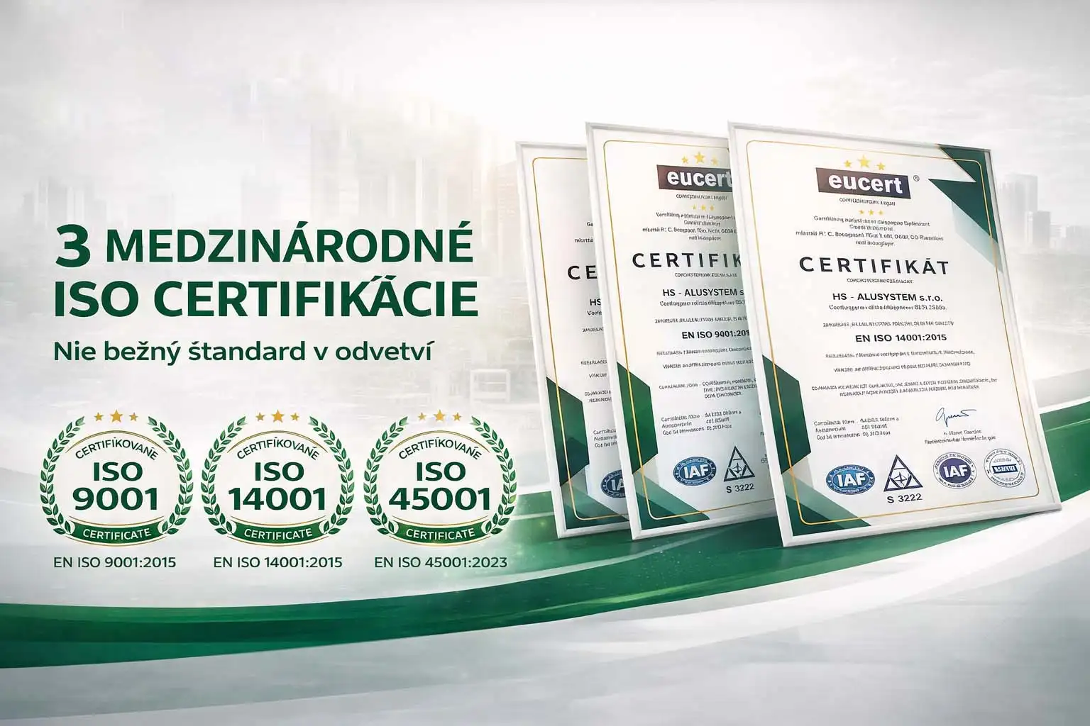 ISO certifikácie HS ALUSYSTEM pre függesztett erkélyek gyártása és szerelése